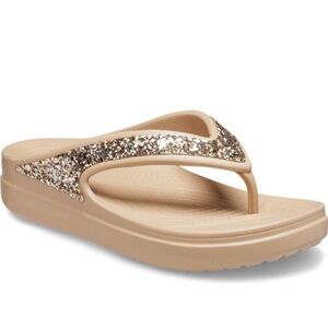 New Crocs Sloane Glitter Wedge Flip Flop Style Sandals Chai / Gold Size 8